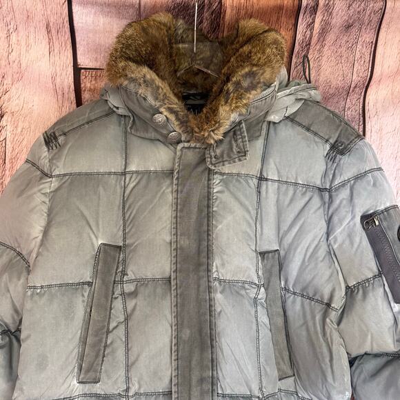 Armani Jeans Men’s Gray Down Puffer Jacket Fur Trim Hood Coat Size M Outerwear - Picture 3 of 11